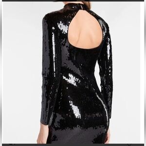 EXPRESS Black Sequined Long Sleeve Mock Neck Mini Short Dress Women Open Back S